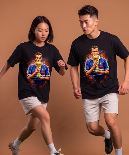 T-shirt unisexe de fan - Légende Zinedine Zidane France Baiser trophée Coupe du Monde 1998