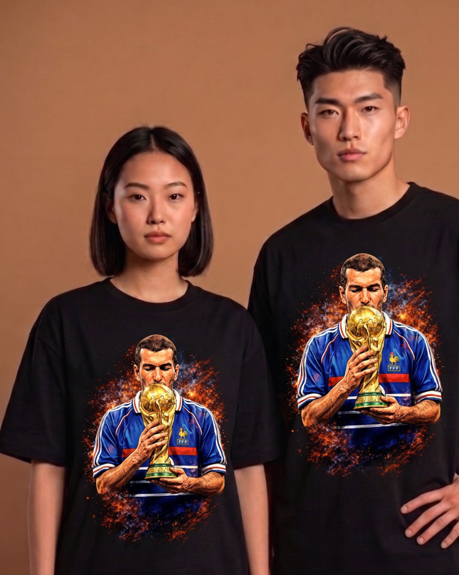 T-shirt unisexe de fan - Légende Zinedine Zidane France Baiser trophée Coupe du Monde 1998