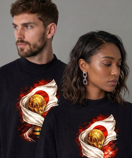 Japan World Cup Trophy & Rising Sun Flag Fire Unisex Fan T-Shirt