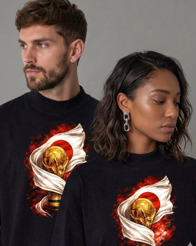 Japan World Cup Trophy & Rising Sun Flag Fire Unisex Fan T-Shirt