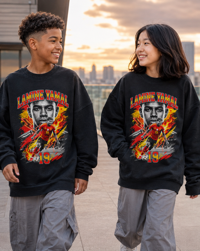 Lamine Yamal Spain #19 Red Fire Face Portrait Dual-Pose Kids Fan Crewneck