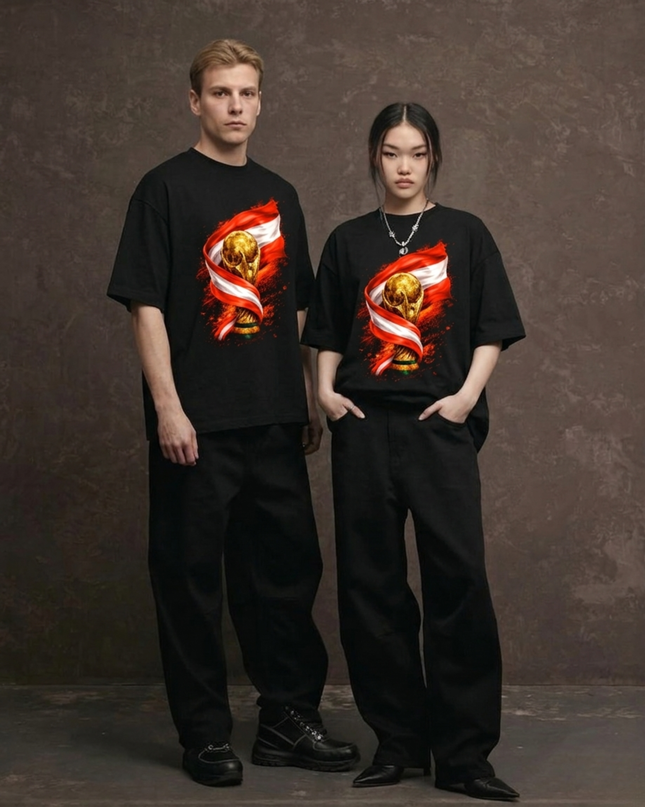 T-shirt unisexe fan Autriche Coupe du Monde Trophée Drapeau Feu