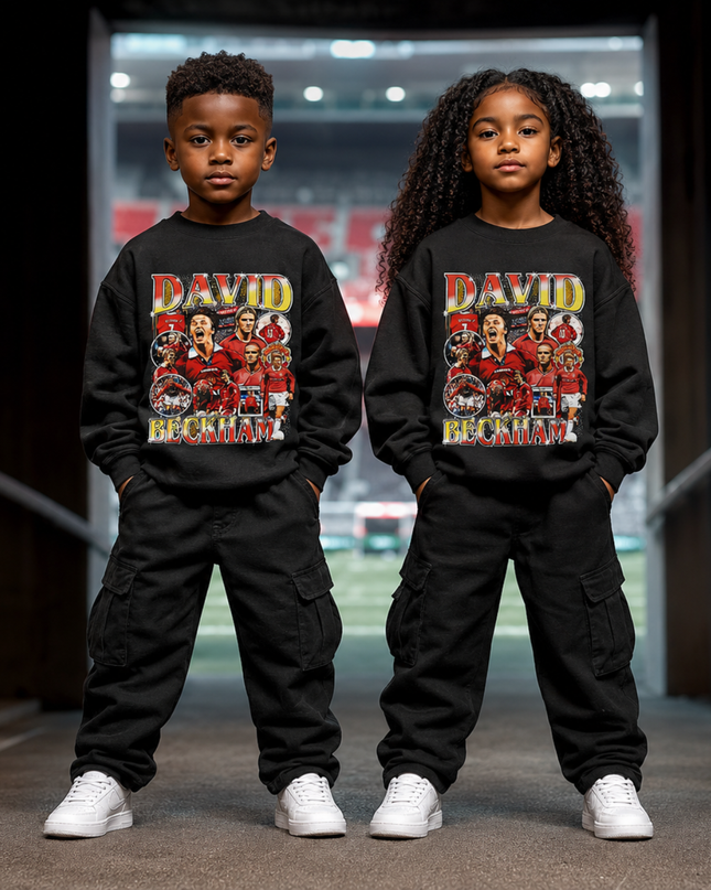 David Beckham Manchester United Red Gold Retro Bootleg Multi-Pose Collage Kids Fan Crewneck