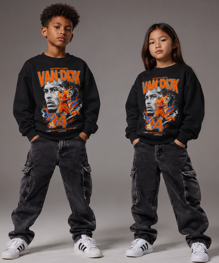Virgil Van Dijk Netherlands #4 Captain Orange Blue Smoke Explosion FIFA World Cup 2026 Kids Fan Crewneck