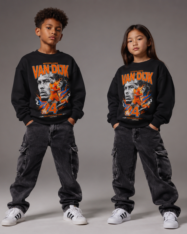 Virgil Van Dijk Pays-Bas #4 Capitaine Explosion de Fumée Orange Bleue Coupe du Monde FIFA 2026 Col Rond Enfant Fan