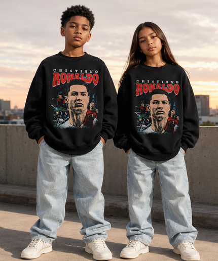 Cristiano Ronaldo Face Portrait Vintage Bootleg Kids Fan Crewneck