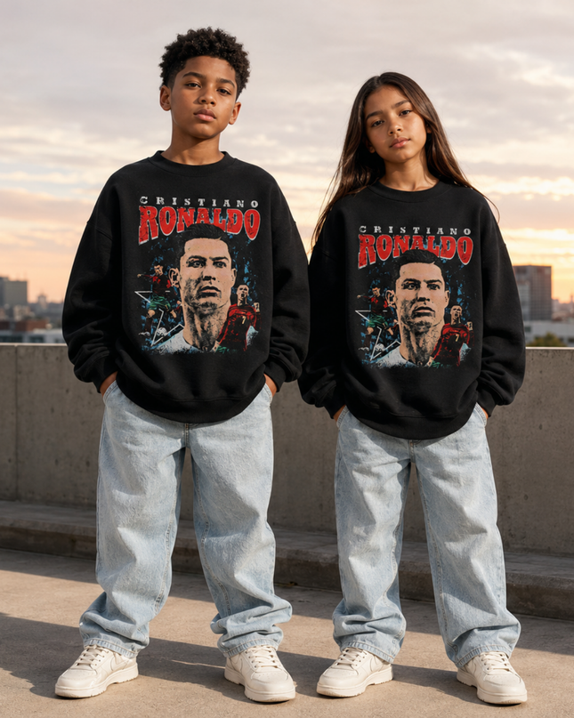 Cristiano Ronaldo Face Portrait Vintage Bootleg Kids Fan Crewneck