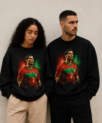 Cristiano Ronaldo Portugal Rouge Vert Feu Peinture Éclaboussure Portrait Unisexe Col Rond Fan