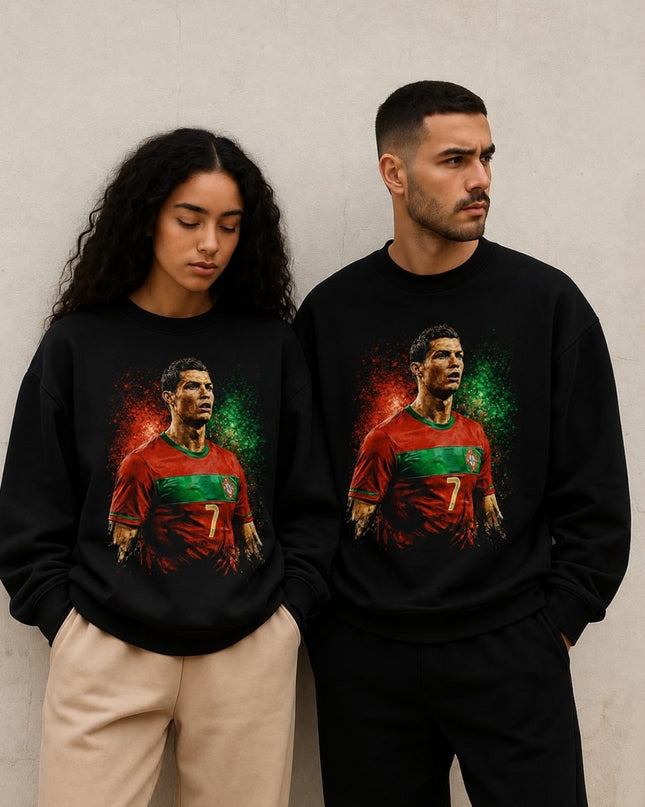 Cristiano Ronaldo Portugal Red Green Fire Paint Splash Portrait Unisex Fan Crewneck
