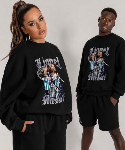 Lionel Messi Gothic Old English Silver Blue Lightning Multi-Pose Argentina Celebration Collage Unisex Fan Crewneck