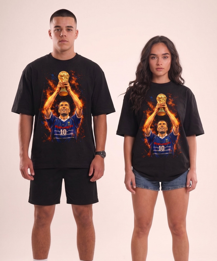 T-shirt unisexe fan Zinedine Zidane #10 France Feu Soulève Trophée 1998 Légende