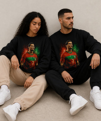 Cristiano Ronaldo Portugal Rouge Vert Feu Peinture Éclaboussure Portrait Unisexe Col Rond Fan