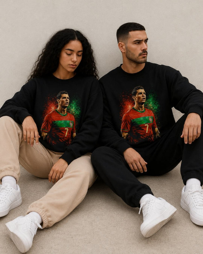 Cristiano Ronaldo Portugal Red Green Fire Paint Splash Portrait Unisex Fan Crewneck