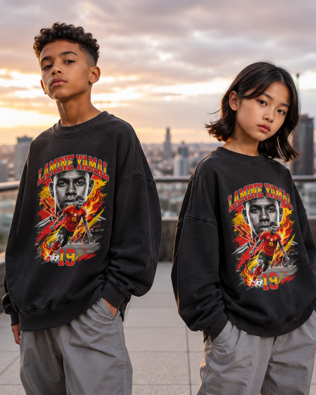 Lamine Yamal Spain #19 Red Fire Face Portrait Dual-Pose Kids Fan Crewneck