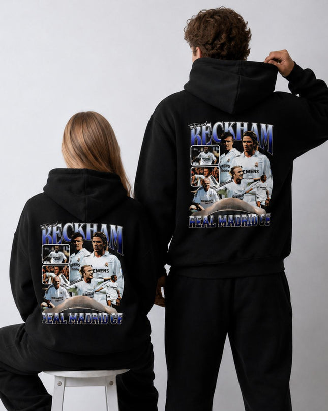 David Beckham Real Madrid CF Vintage Blue Arch Adult Fan Hoodie