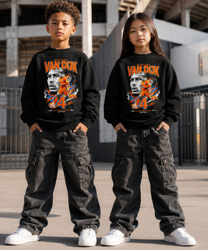 Virgil Van Dijk Netherlands #4 Captain Orange Blue Smoke Explosion FIFA World Cup 2026 Kids Fan Crewneck