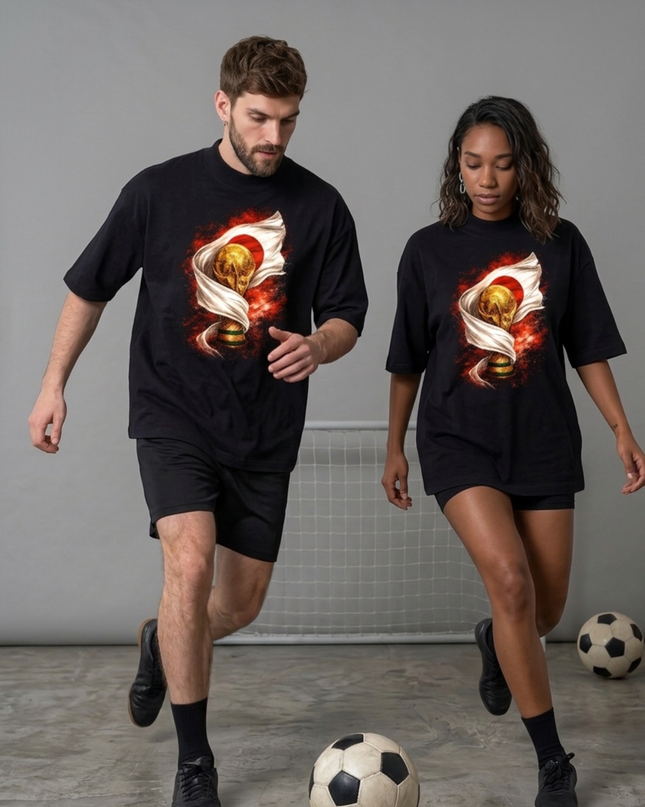 Japan World Cup Trophy & Rising Sun Flag Fire Unisex Fan T-Shirt