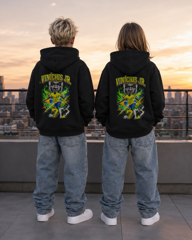 Vinicius Jr. #7 Brazil Green Fire Action Kids Fan Hoodie