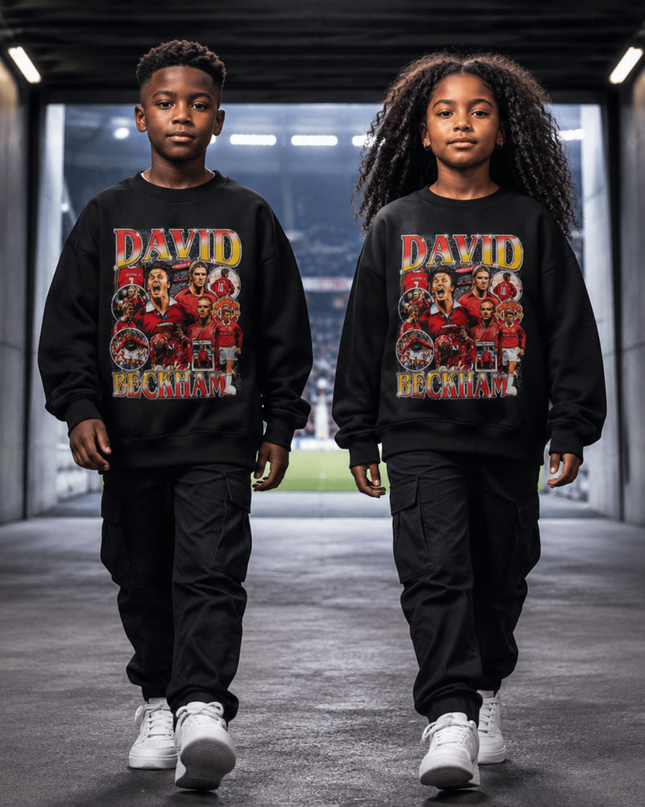 David Beckham Manchester United Red Gold Retro Bootleg Multi-Pose Collage Kids Fan Crewneck