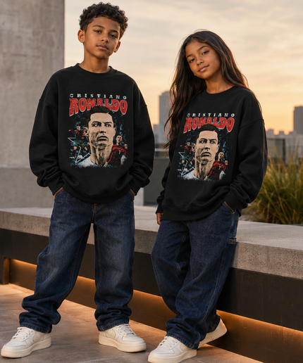 Cristiano Ronaldo Face Portrait Vintage Bootleg Kids Fan Crewneck