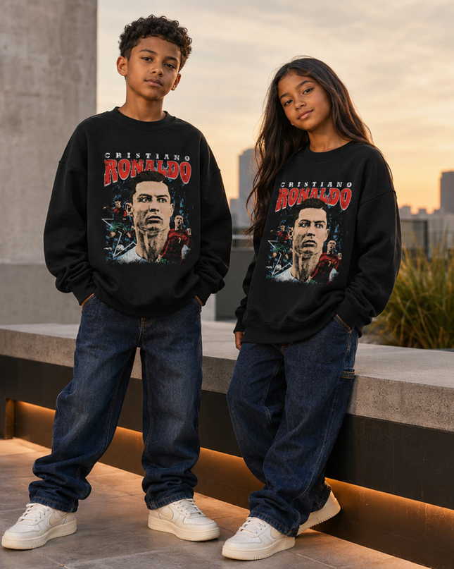 Cristiano Ronaldo Face Portrait Vintage Bootleg Kids Fan Crewneck