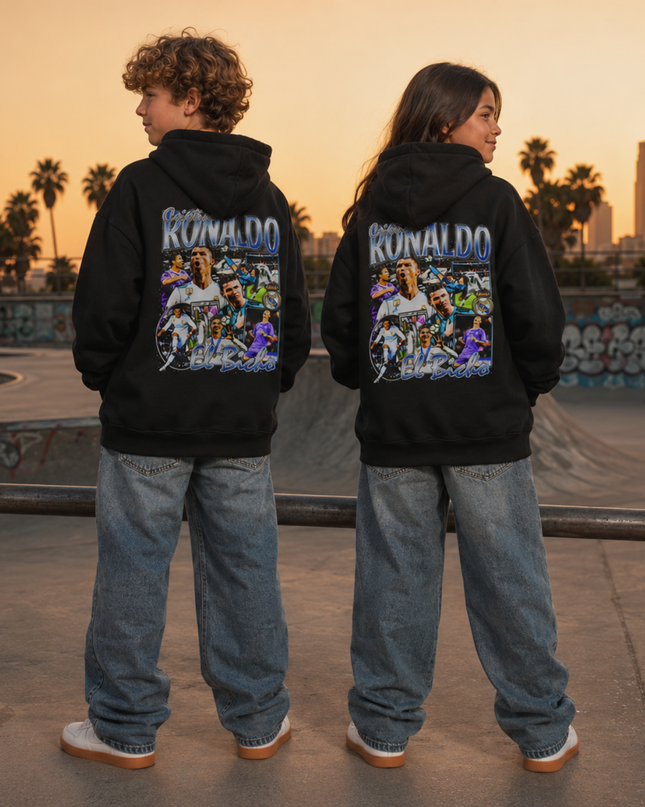 Cristiano Ronaldo El Bicho Real Madrid Blue Chrome Collage Kids Fan Hoodie
