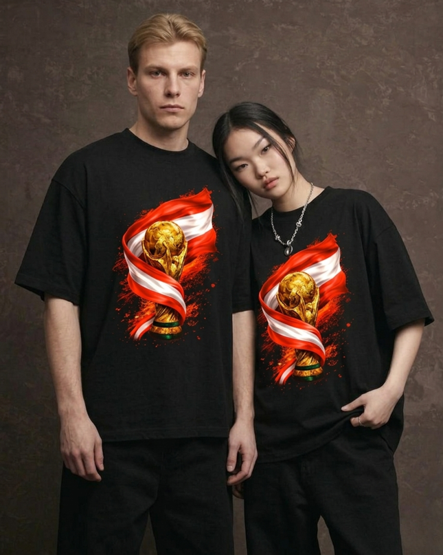 T-shirt unisexe fan Autriche Coupe du Monde Trophée Drapeau Feu