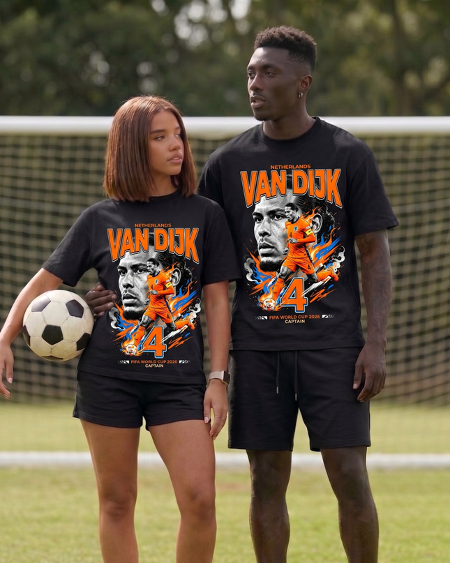T-shirt unisexe fan Coupe du Monde 2026 Van Dijk #4 Pays-Bas Capitaine Football