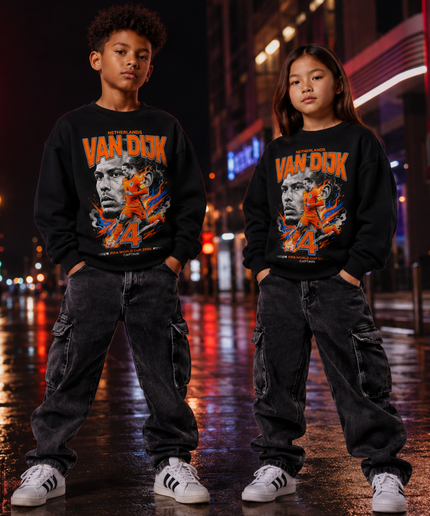 Virgil Van Dijk Netherlands #4 Captain Orange Blue Smoke Explosion FIFA World Cup 2026 Kids Fan Crewneck