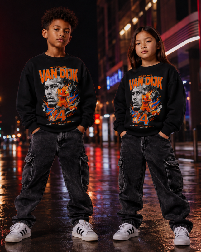 Virgil Van Dijk Pays-Bas #4 Capitaine Explosion de Fumée Orange Bleue Coupe du Monde FIFA 2026 Col Rond Enfant Fan