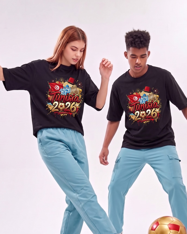 T-shirt unisexe pour les fans de la Coupe du Monde de Football Tunisie 2026 édition Graffitis