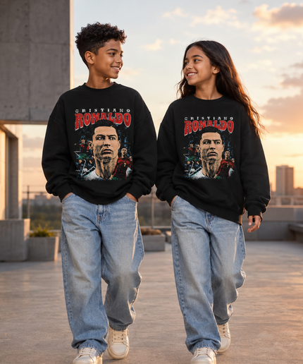 Cristiano Ronaldo Face Portrait Vintage Bootleg Kids Fan Crewneck