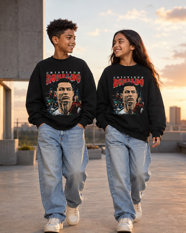 Cristiano Ronaldo Face Portrait Vintage Bootleg Kids Fan Crewneck