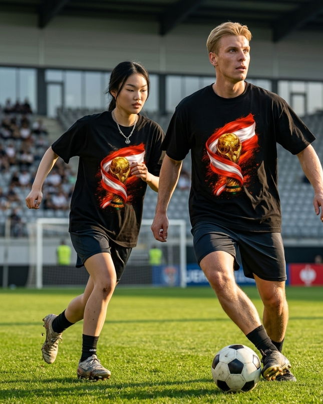 T-shirt unisexe fan Autriche Coupe du Monde Trophée Drapeau Feu