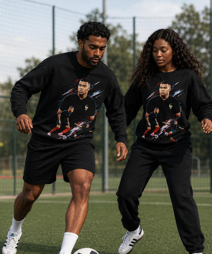 Kylian Mbappé France Kit Noir Action Dynamique Unisexe Col Rond de Supporter