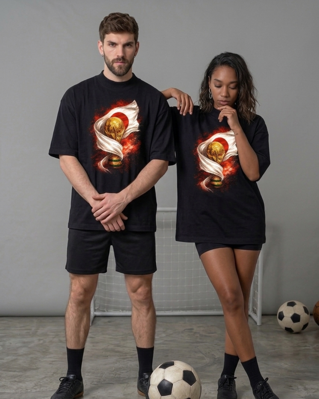 Japan World Cup Trophy & Rising Sun Flag Fire Unisex Fan T-Shirt