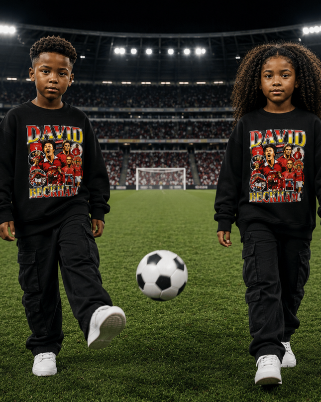 David Beckham Manchester United Red Gold Retro Bootleg Multi-Pose Collage Kids Fan Crewneck