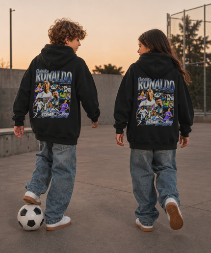 Sweat à capuche enfant Cristiano Ronaldo El Bicho Real Madrid bleu chromé en collage pour fans