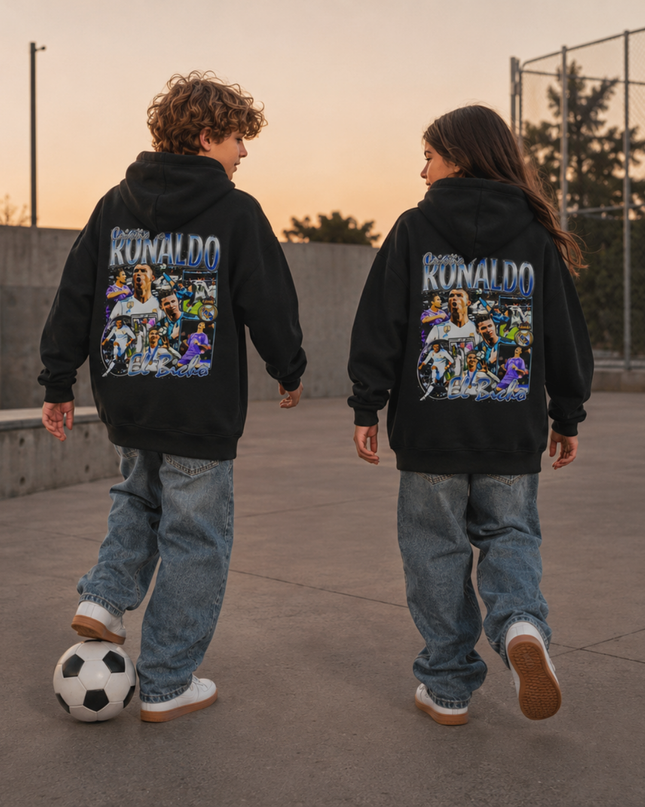 Cristiano Ronaldo El Bicho Real Madrid Blue Chrome Collage Kids Fan Hoodie