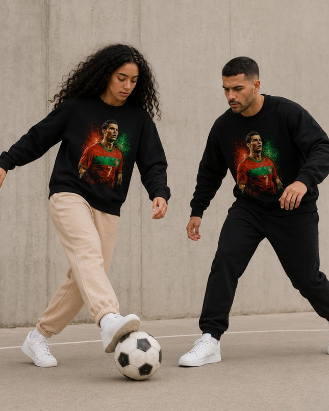 Cristiano Ronaldo Portugal Red Green Fire Paint Splash Portrait Unisex Fan Crewneck
