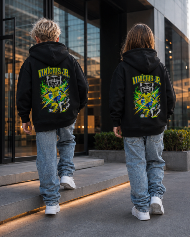 Vinicius Jr. #7 Brazil Green Fire Action Kids Fan Hoodie