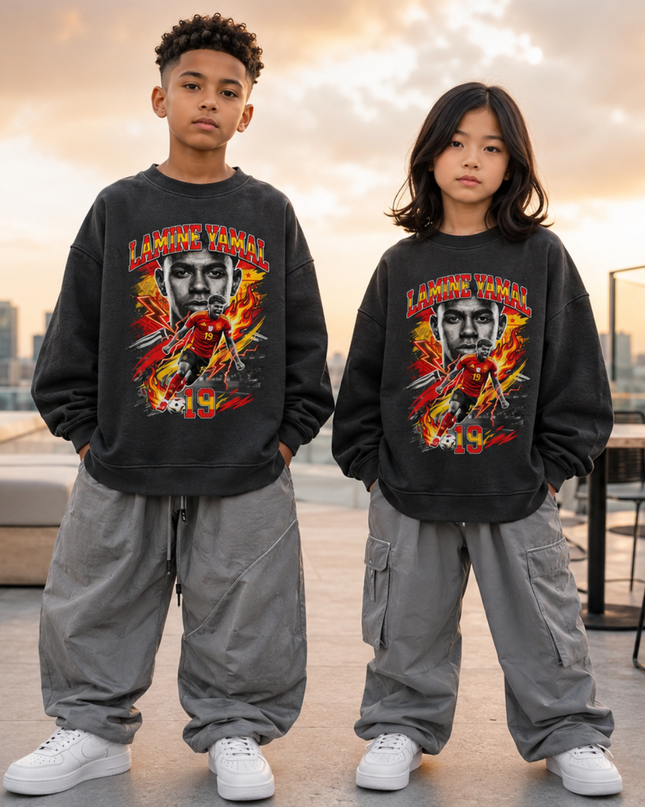 Lamine Yamal Spain #19 Red Fire Face Portrait Dual-Pose Kids Fan Crewneck