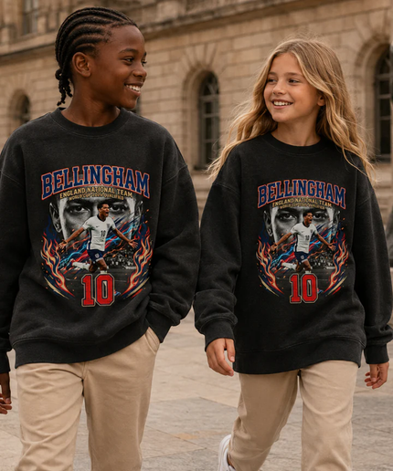 Jude Bellingham England #10 Fire Flame Face Portrait World Cup 2026 Qualified Washed Black Kids Fan Crewneck