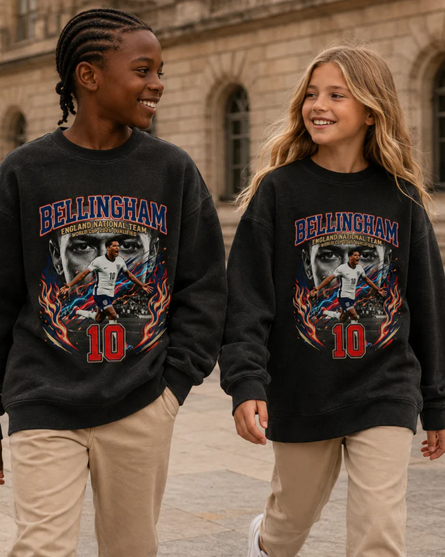 Jude Bellingham England #10 Fire Flame Face Portrait World Cup 2026 Qualified Washed Black Kids Fan Crewneck