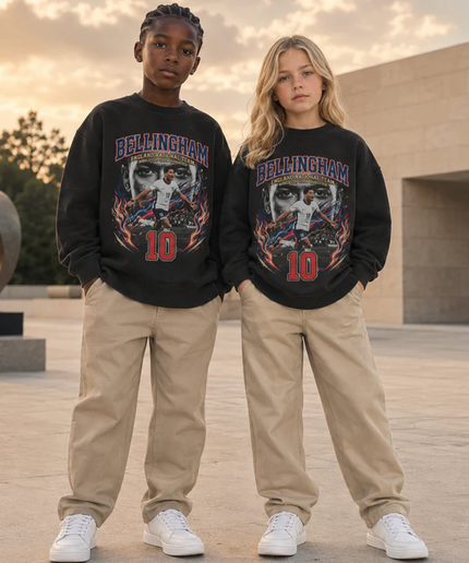 Jude Bellingham England #10 Fire Flame Face Portrait World Cup 2026 Qualified Washed Black Kids Fan Crewneck