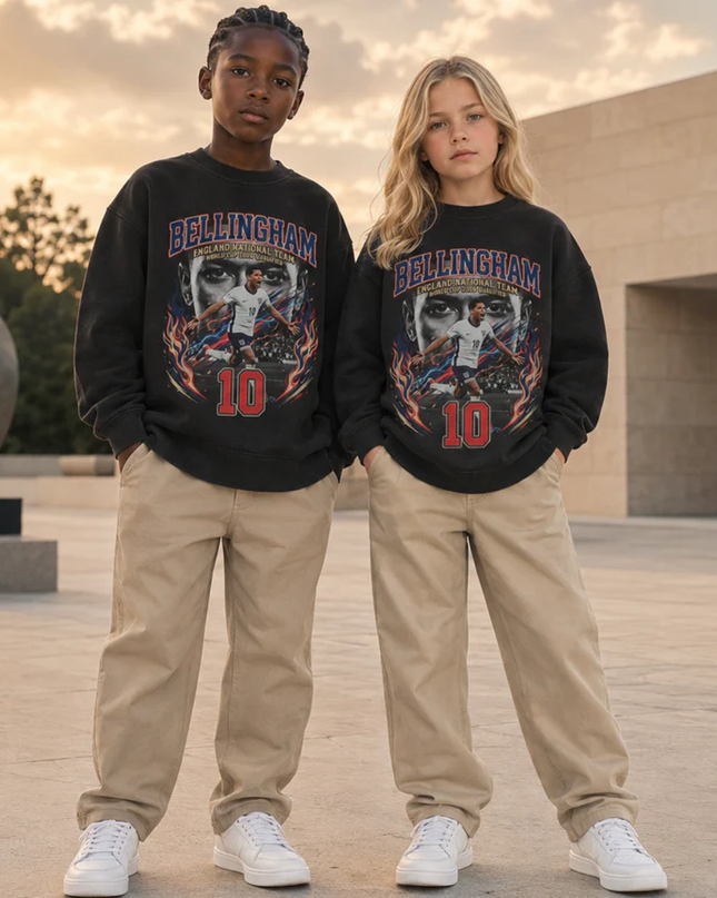 Jude Bellingham England #10 Fire Flame Face Portrait World Cup 2026 Qualified Washed Black Kids Fan Crewneck