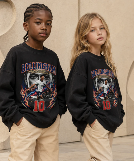 Jude Bellingham England #10 Fire Flame Face Portrait World Cup 2026 Qualified Washed Black Kids Fan Crewneck
