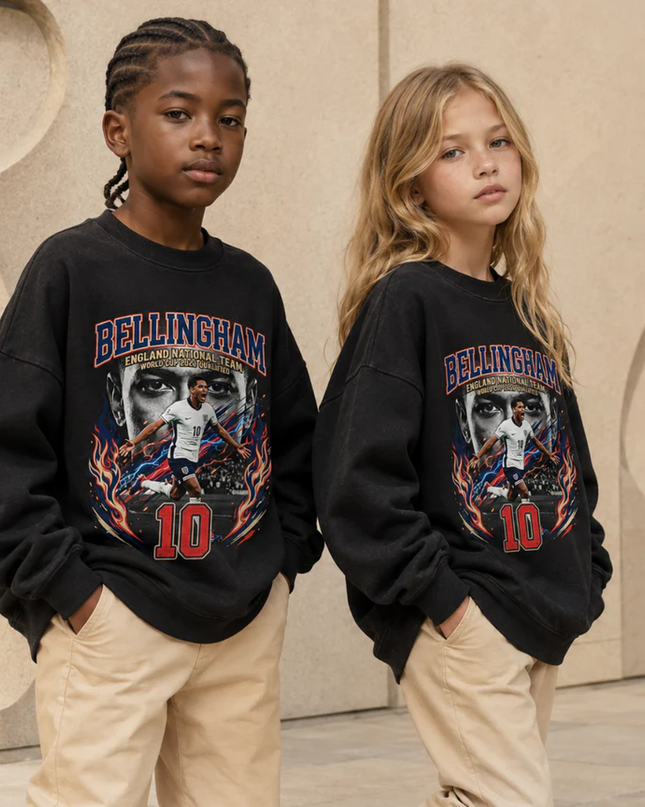 Jude Bellingham England #10 Fire Flame Face Portrait World Cup 2026 Qualified Washed Black Kids Fan Crewneck